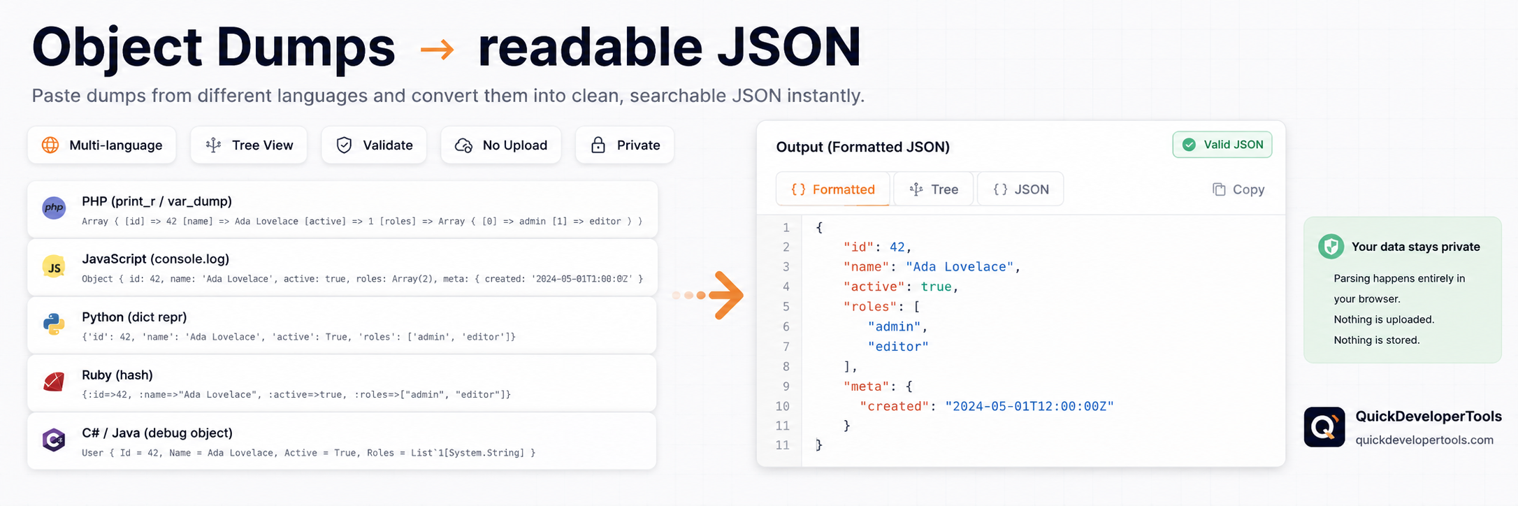 Object Dump Viewer rendering raw var_dump and print_r output as a collapsible tree, or converting it to JSON